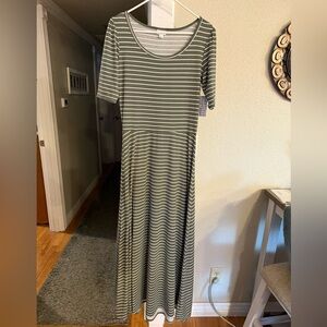 Lularoe Ana Maxi Dress Olive Green White Stripes size Large NWT